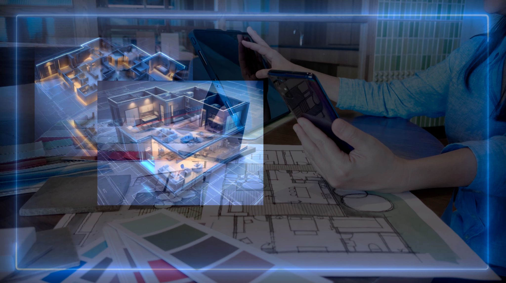 Augmented reality architectural design on tablet.